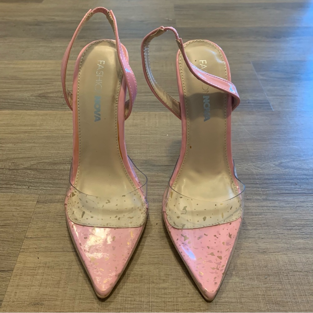 Fashion Nova Pink Gold Transparent Clear Heels
